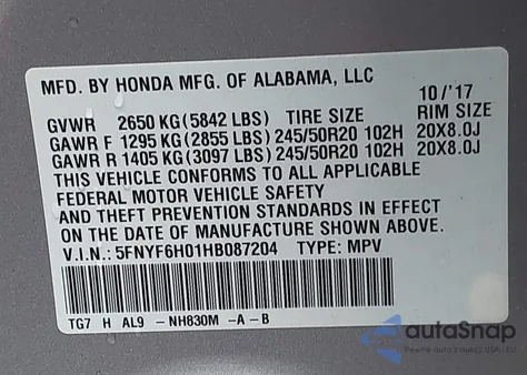 2017 Honda Pilot Elite из США, поврежденный, VIN 5FNYF6H01HB087204